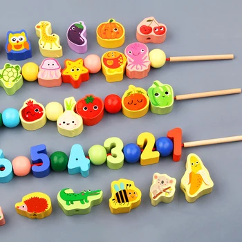 Деревянные игрушки своими руками Для маленьких детей, изучение цвета и формы, раннее образование, Мультяшные животные, фрукты, Геометрический блок, игрушки для нанизывания бисера