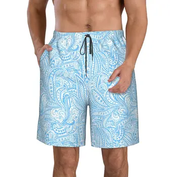 Красивые синие повседневные шорты с узором Пейсли на плоской подошве спереди для мужчин, пляжные брюки с завязками, комфортные шорты для дома