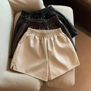 Эластичные широкие брюки из искусственной кожи с высокой талией, сексуальные модные шорты в стиле опрятности осенне-зимней моды T367